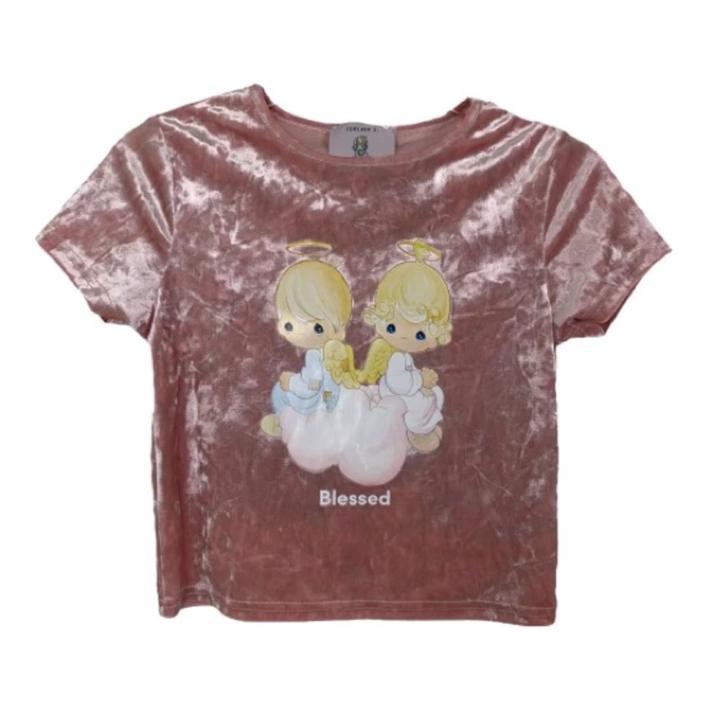 Forever 21 x Precious Moments Collection Velvet Short Sleeve Pink Blessed Top